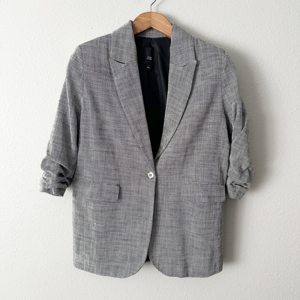River Island Yuppie Power Ho Grey Plaid Ruched Sleeve Blazer UK 10 US Size 6 New
